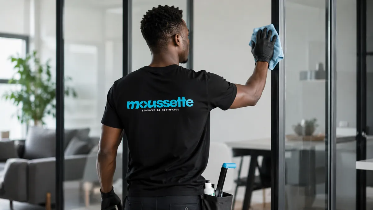 Un membre de l'équipe Moussette nettoie les cloisons vitrées d'un bureau